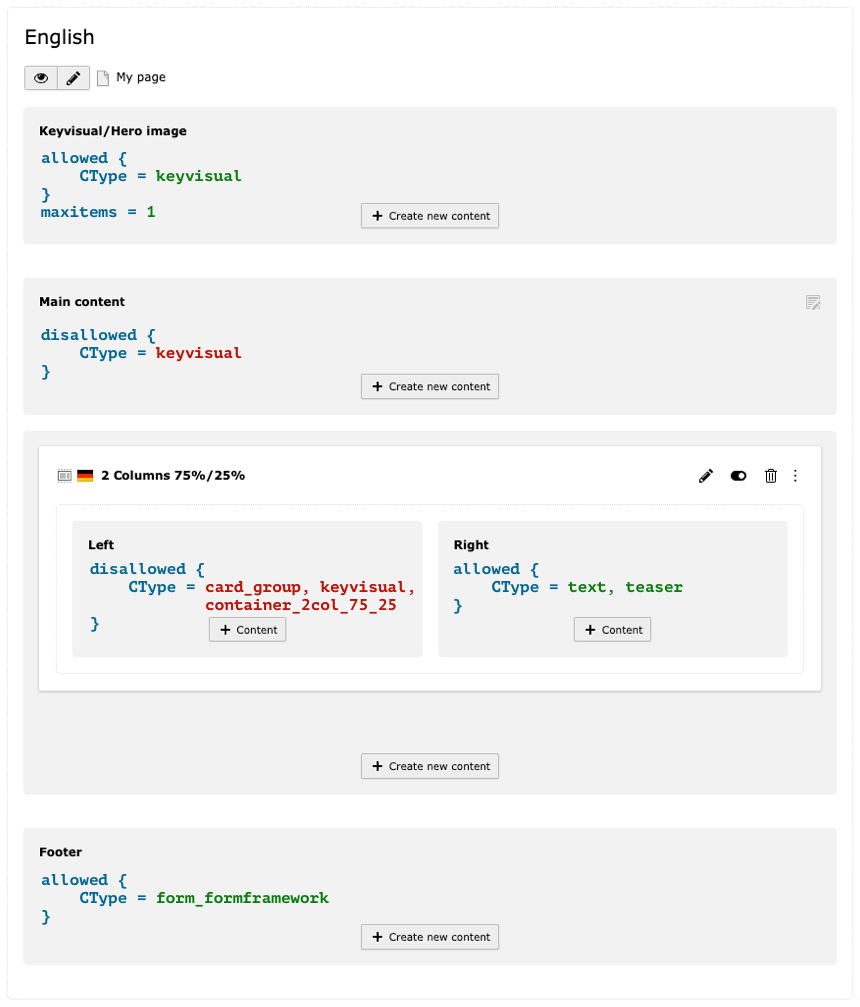 Screenshot of a backend layout with multiple content columns and a two-column container element. In the columns, the configurations that control the use of content elements are shown.