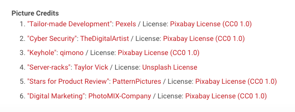 Screenshot: a list of picture credits. Each picture credit has a linked picture title, author and the respective license or vendor name.