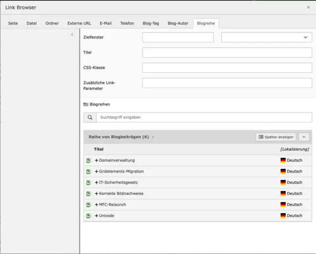 Link browser in TYPO3 with selection for blog series, authors and categories