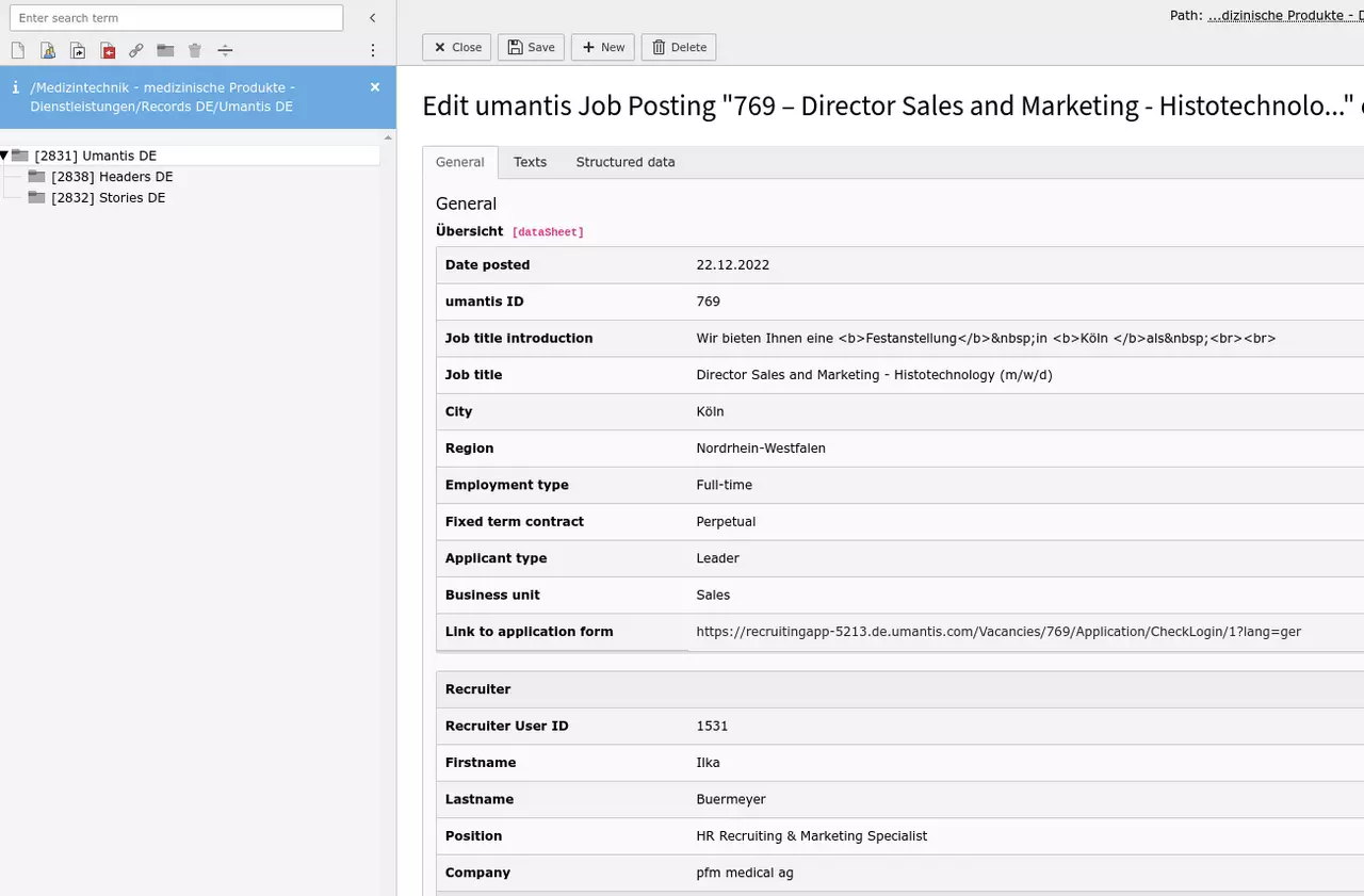 Display of a job posting record in the TYPO3 backend of the pfmmedical corporate site