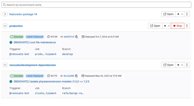 The image displays a deployment log for a software project in gitlab. It shows successful deployments for two tasks.