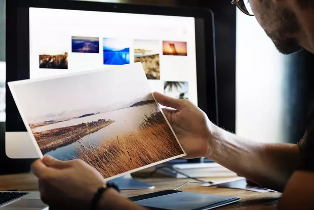 Person checks print of a picture, sitting at their desk with monitor