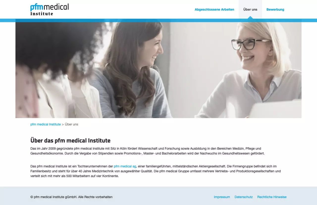 Screenshot home page of the pfm medical Institute website