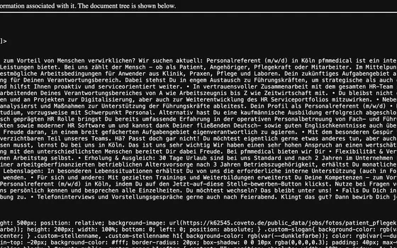 XML code for a job advertisement XML code for a job advertisement for an HR Specialist at pfmmedical in Cologne. The text outlines the responsibilities in recruiting and employer branding, as well as the requirements for the applicant.