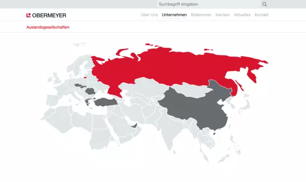 Interactive world map for the international OBERMEYER subsidiaries