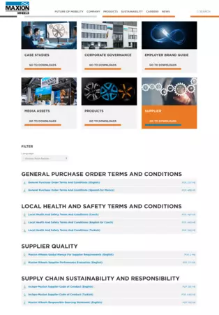 Screenshot of the download files in the “Supplier” category in the Download Center of the Maxion Wheels website