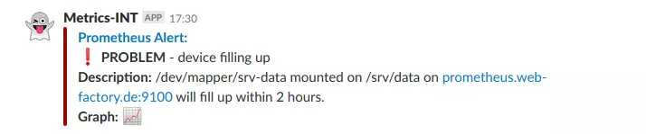 Screenshot of a Slack alert from Prometheus.