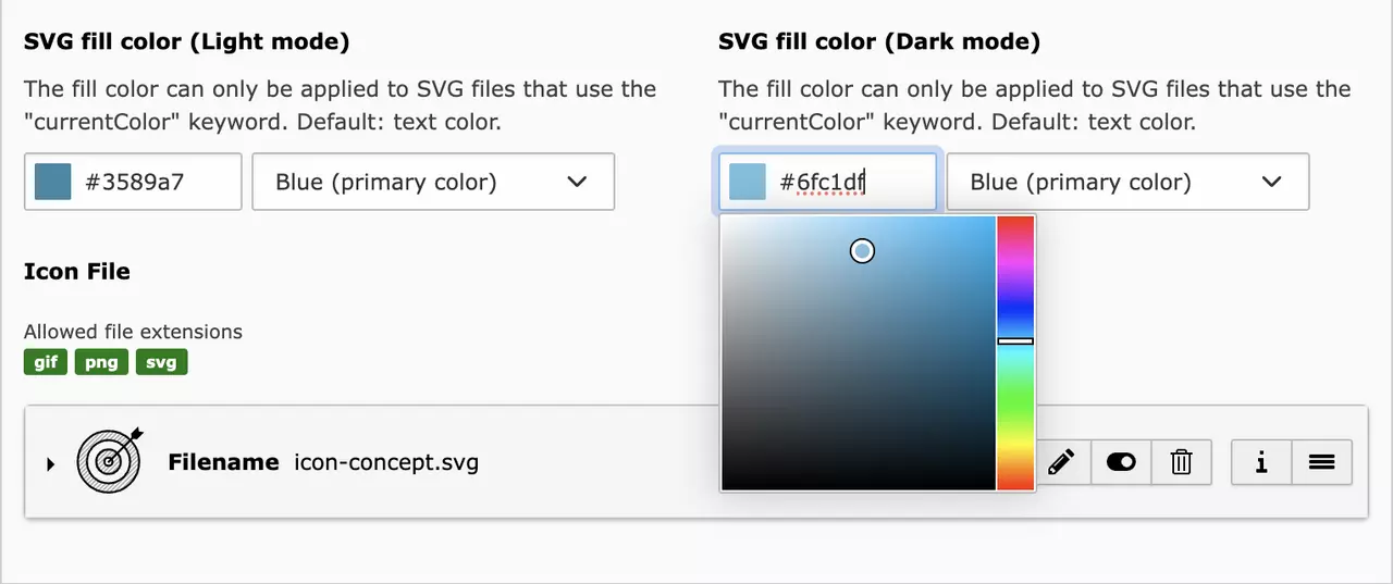 This screenshot shows two color picker input fields with an additional select field for predefined values. The two color values will be used for the light mode and dark mode of the website. The color picker is shown in the second input field. The two select fields each show the label “Blue (primary color)”. The fields each contain the hexadecimal value which is different for the two color schemes.