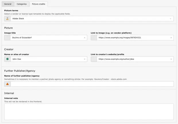 The image contains a form interface for editing image metadata, highlighting fields for image title, creator's name, and relevant links. The primary focus is on the input sections related to an image titled "Skyline von Düsseldorf" and the creator "Michael Mustermann."