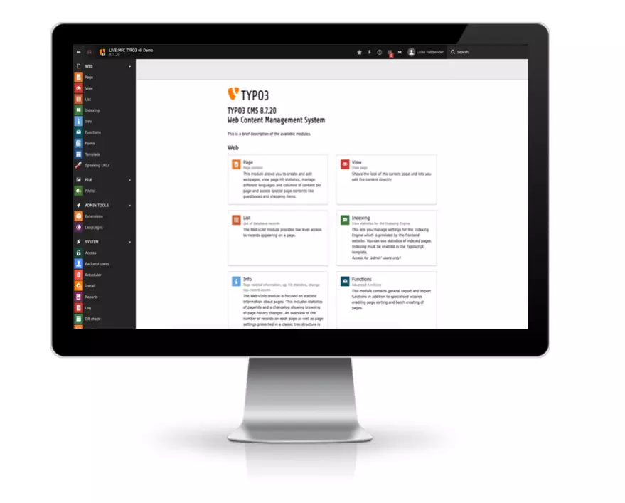 TYPO3 backend shown on an external display