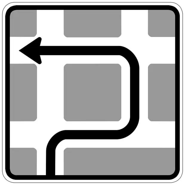 Traffic sign with route guidance for left turners at the next but one intersection. You must first turn right and then turn left twice