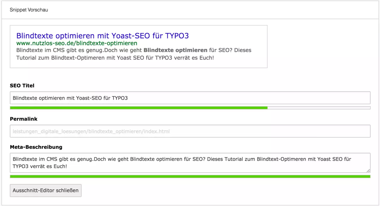 Screenshot of the snippet preview of the Yoast SEO extension