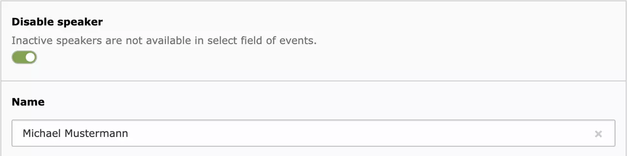 Backend toggle "Disable speaker" with additional description "Inactive speakers are not available in select field of events."